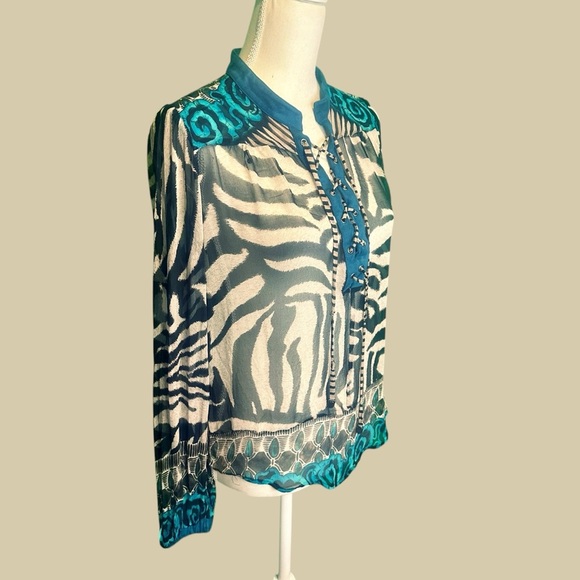 Alberto Makali 100% Silk Zebra & Blue Paisley Print Lace-Up Top Size Medium - Picture 11 of 15